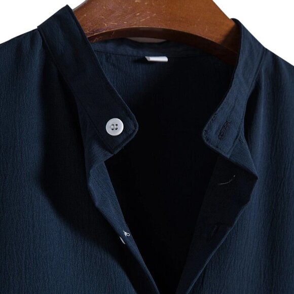 Navy Blue Preppy Mens Solid Button Up Shirt - Picture 4 of 4